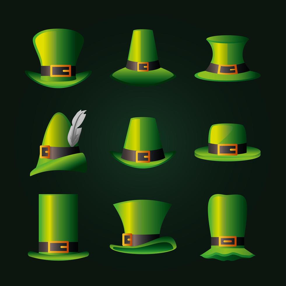 S t. Patricio verde sombreros irlandeses fiesta iconos de decoración de la suerte vector