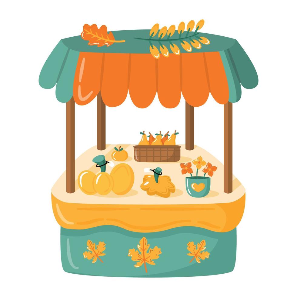 Local food market stall with fruits and vegetables. Organic farm products on counter for sale. Autumn outdoor fair. Flat vector illustration in cartoon style.
