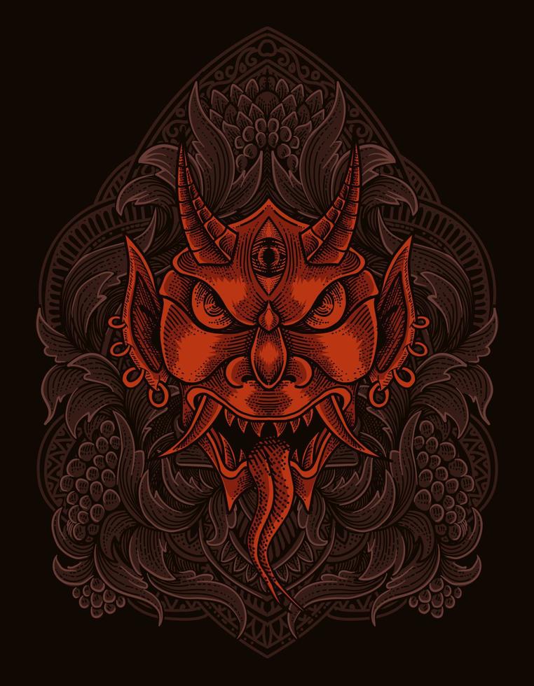 Illustration oni mask with engraving ornament style vector