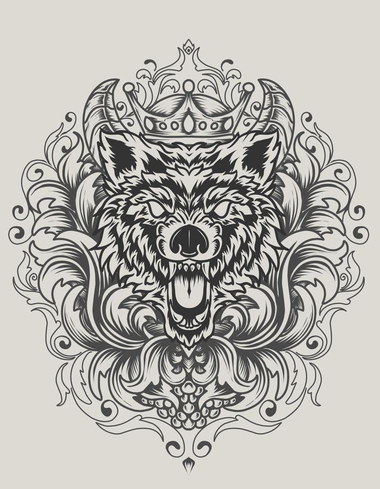 illustration vector angry wolf head with antique ornament