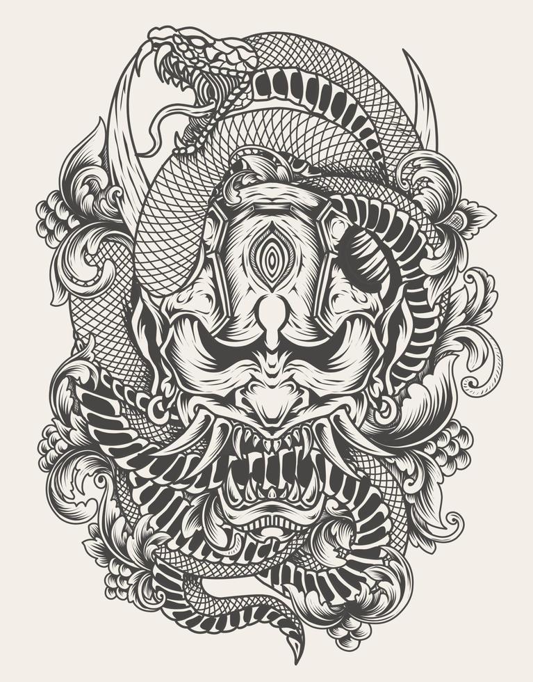 illustration oni mask with snake monochrome style vector