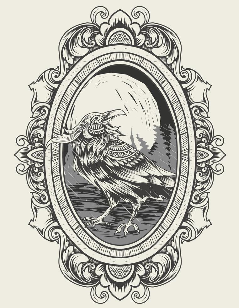 Illustration vector Crow bird with vintage engraving ornament