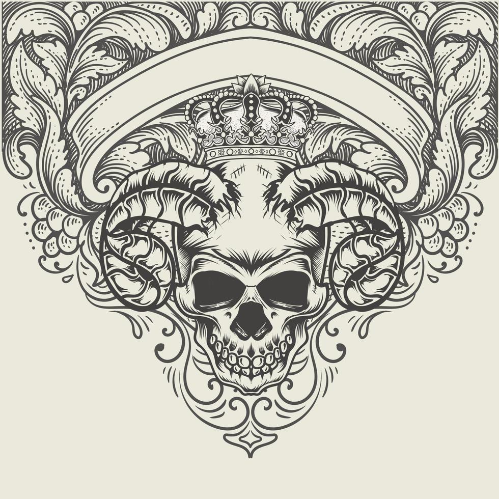 illustration demon skull head with antique engraving ornament vector