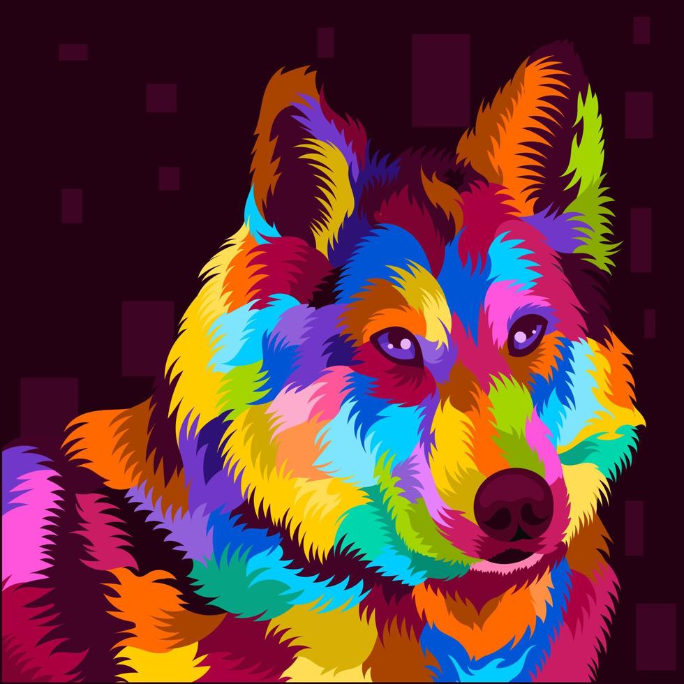 Ilustración colorida cabeza de perro con estilo pop art vector