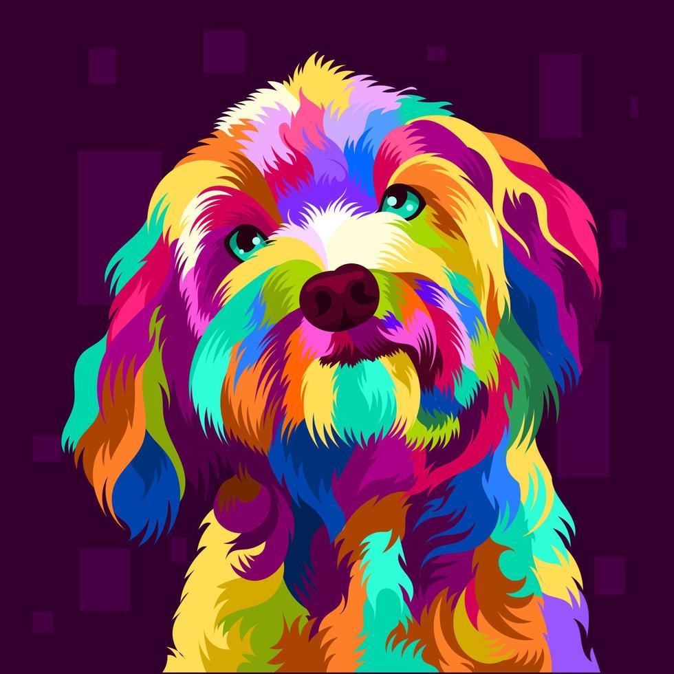 Ilustración colorida cabeza de perro con estilo pop art vector