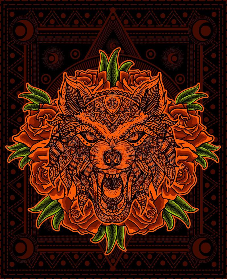illustration wolf head mandala with rose flower vector