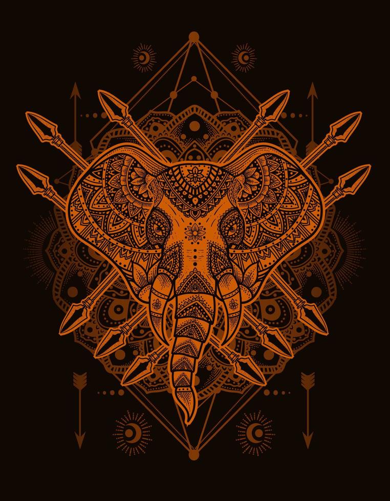 Ilustración vectorial estilo mandala de cabeza de elefante con adornos de grabado vintage vector