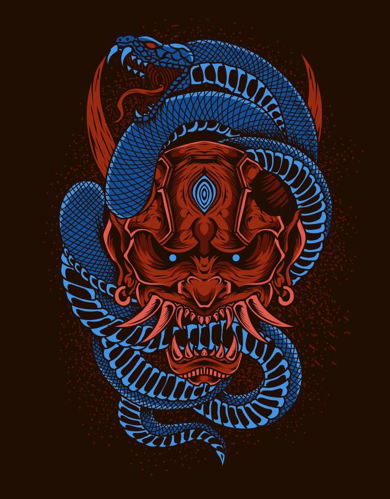 illustration red oni mask with snake vector