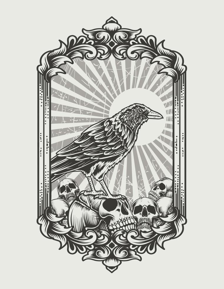 illustration crow bird with skull head monochrome style vector