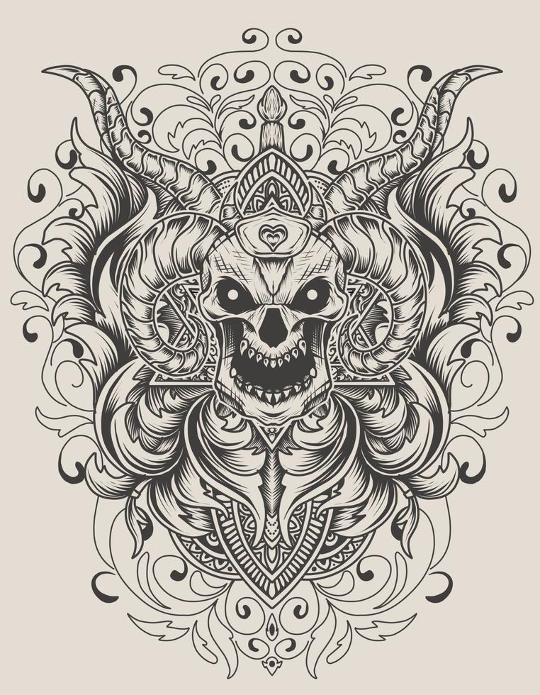 illustration demon skull head with antique engraving ornament vector