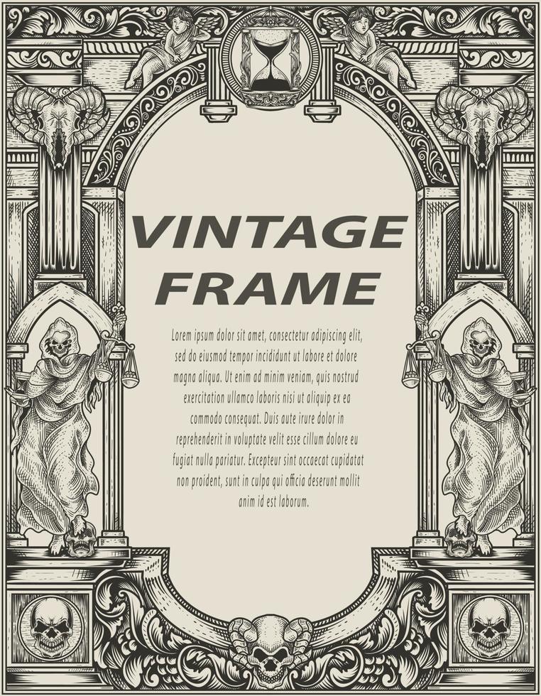 illustration antique engraving frame monochrome style vector