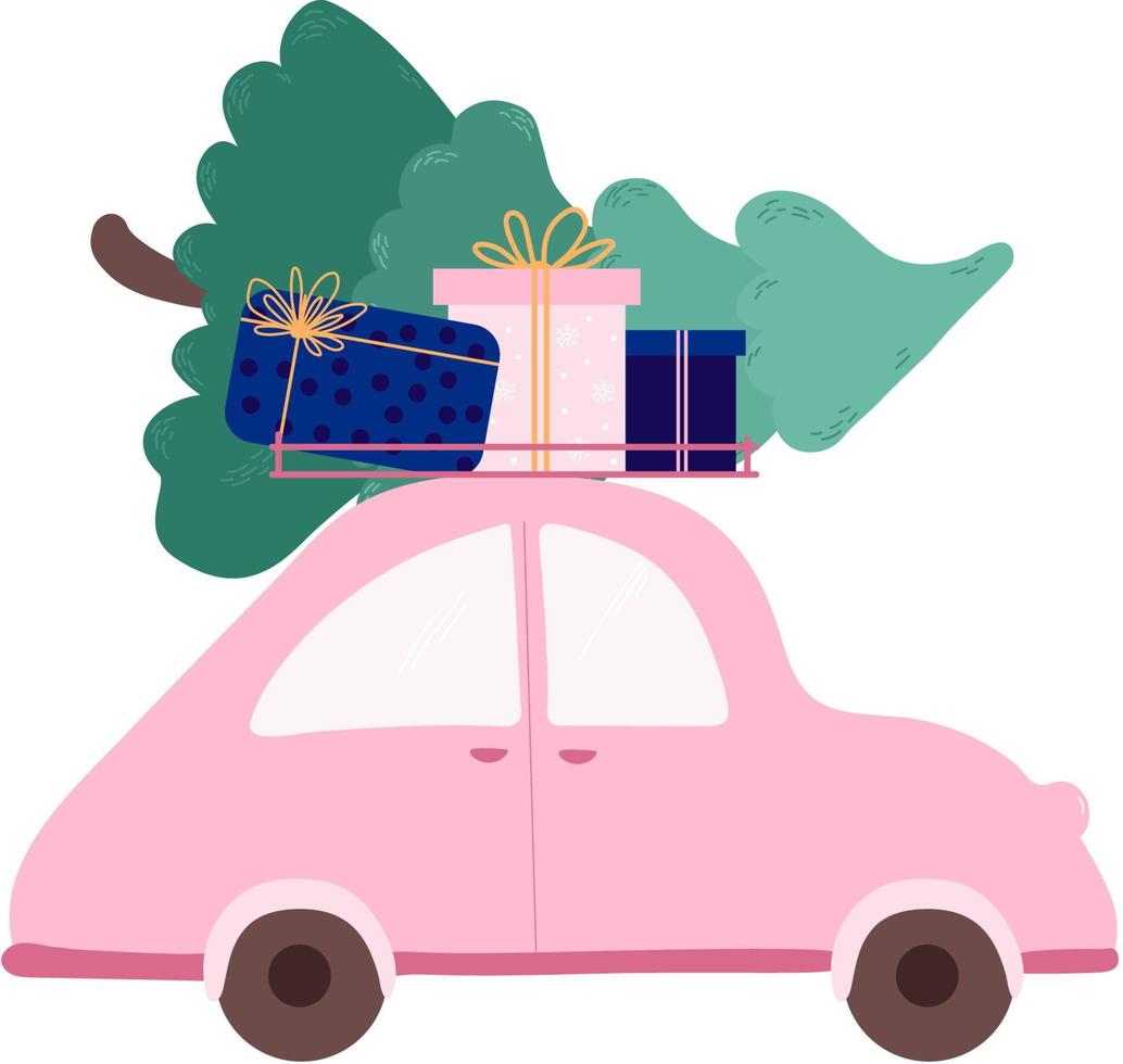 Car pink with Christmas tree. Hand drawing sketch vector