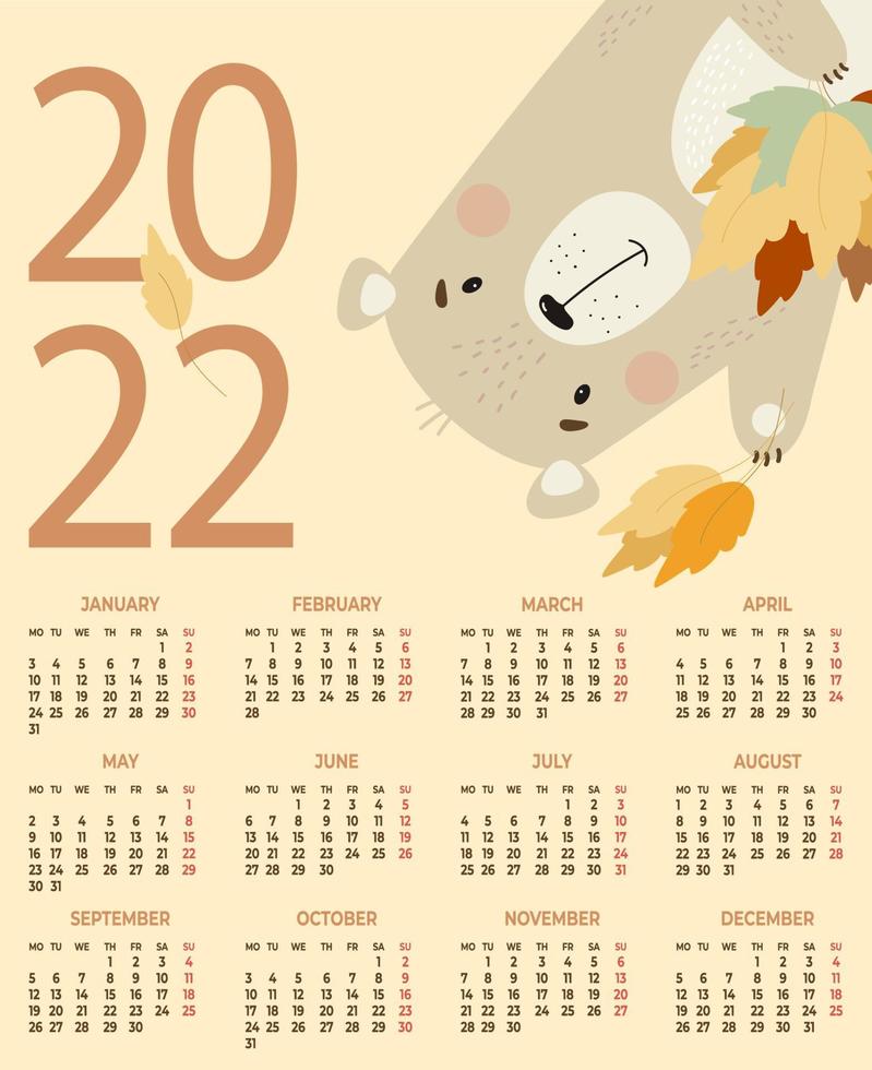 Annual Calendar for 2022. Cute bear with autumn leaves on a yellow background. Vector illustration. Vertical calendar template A3 for 12 months in English. Week starts on Monday. Stationery, decor