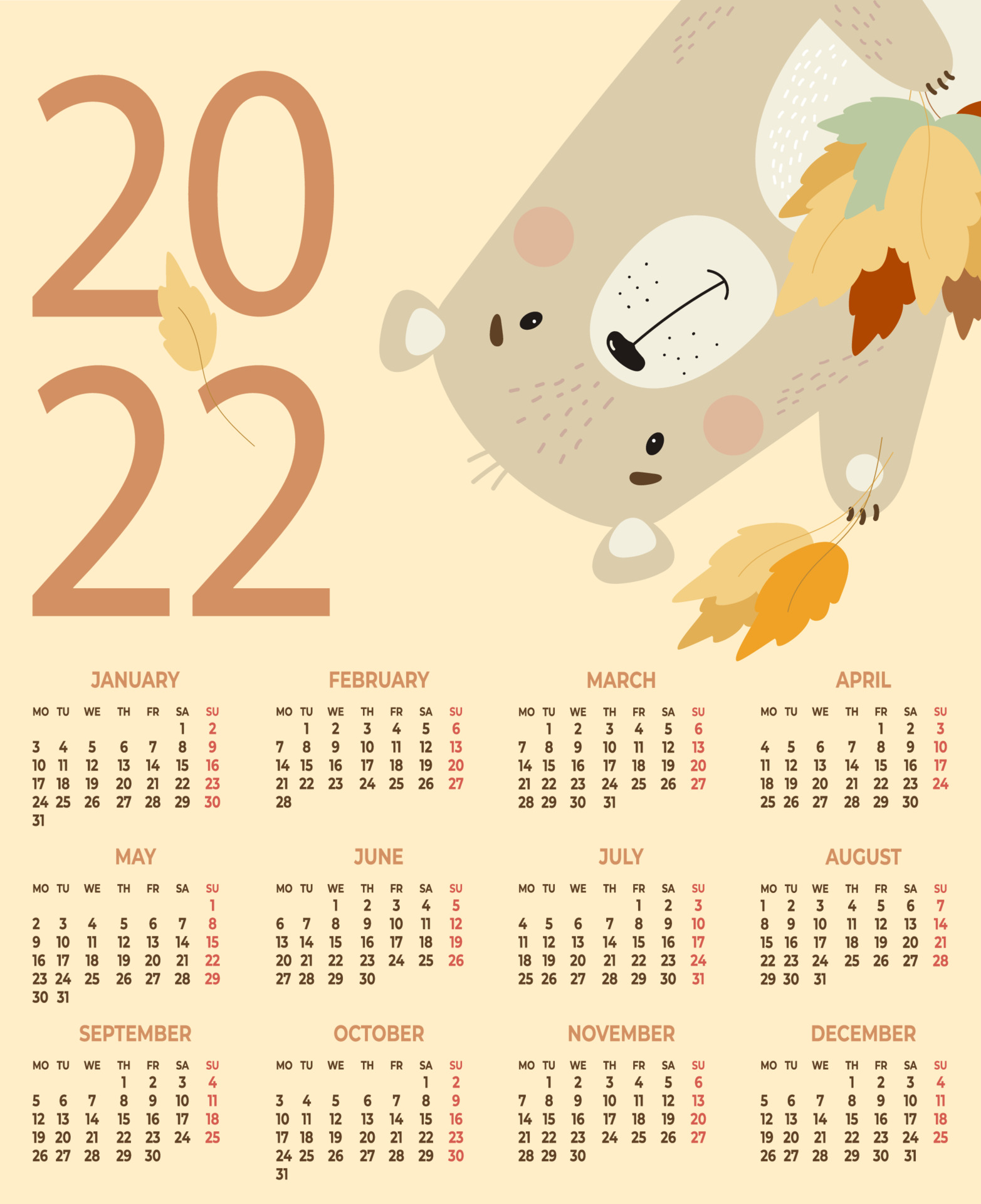 Cute Calendar 2022 Annual Calendar For 2022. Cute Bear With Autumn Leaves On A Yellow  Background. Vector Illustration. Vertical Calendar Template A3 For 12  Months In English. Week Starts On Monday. Stationery, Decor 3727071 Vector