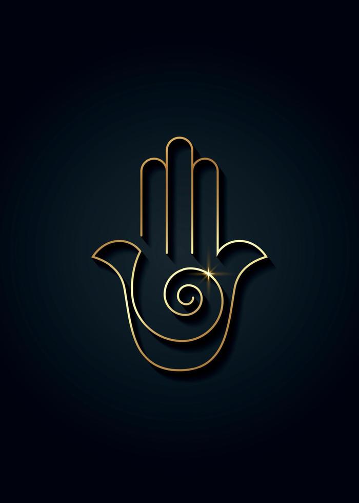 Hamsa hand Spiral icon. Gold pendant Line Art vector Jewish religious sign. Luxury amulet Hand of Fatima minimalist logo design golden stars and crescent moon isolated on black background