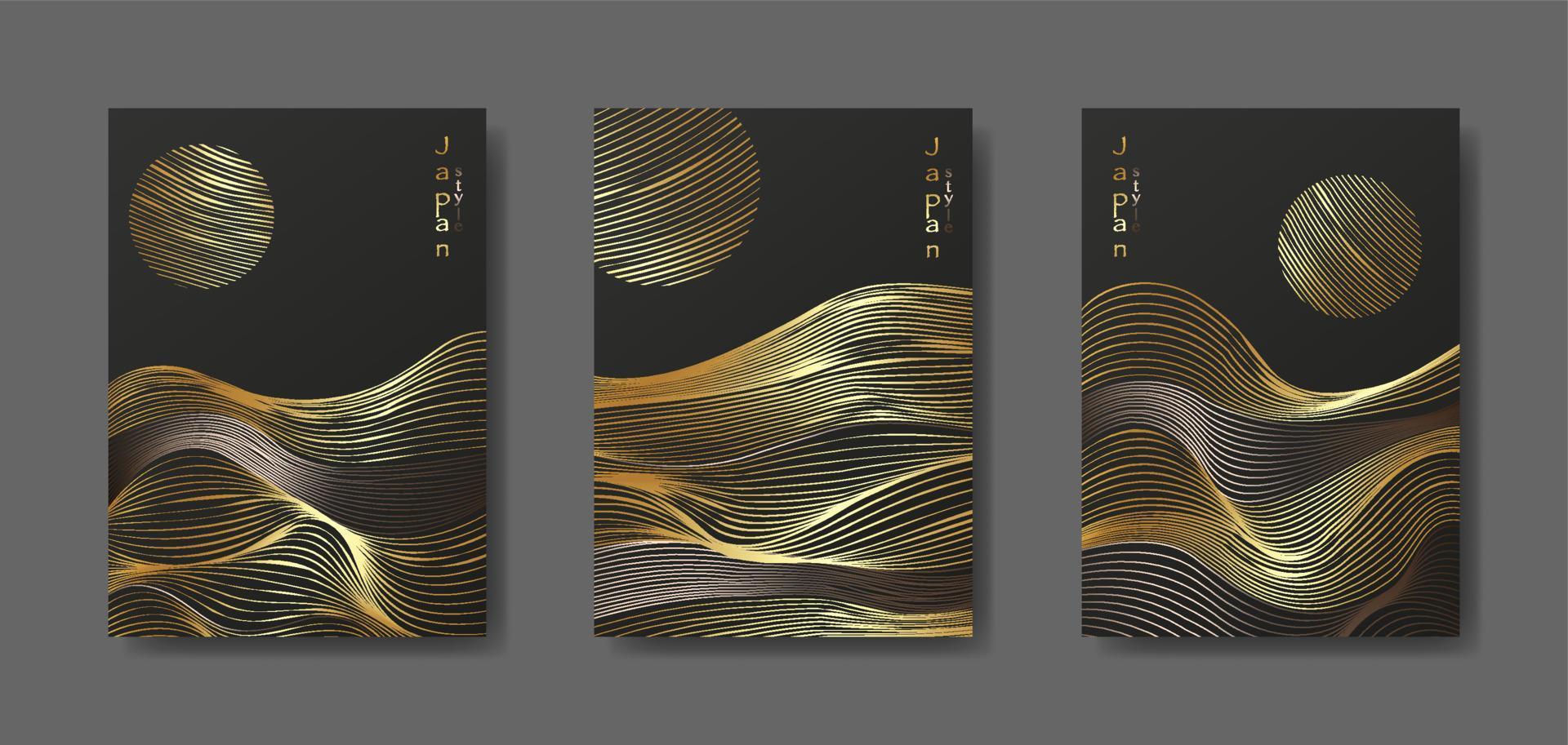 Japanese landscape background set cards gold line wave pattern vector illustration. Golden luxury Abstract template with geometric pattern. Mountain layout design in oriental style, vertical brochure