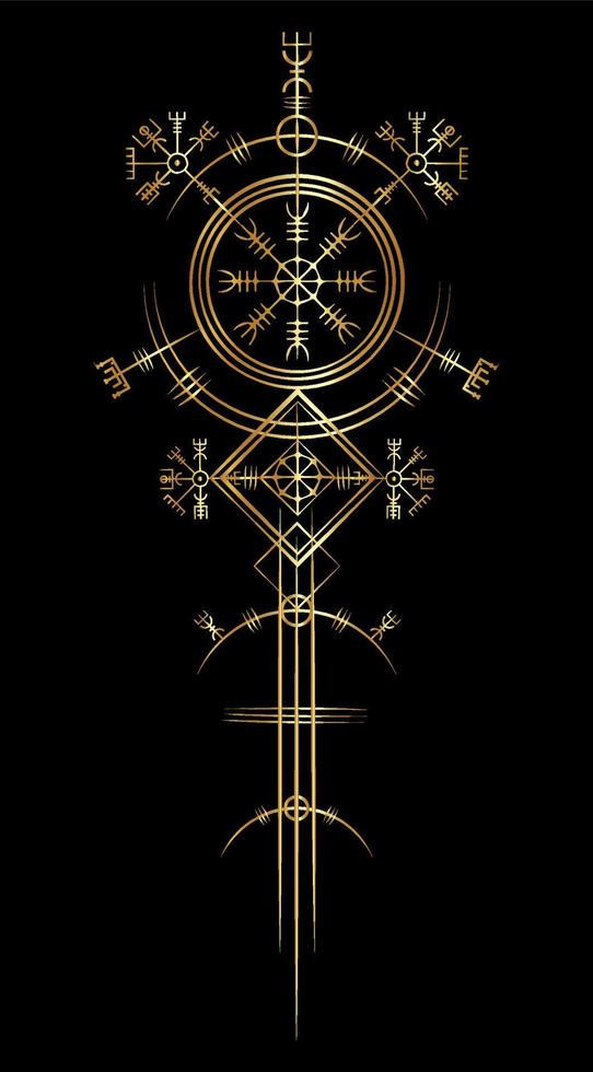Magic ancient viking art deco, Gold Vegvisir navigation compass ancient. The Vikings used many symbols in accordance to Norse mythology,  widely used in Viking society. Logo icon Wiccan esoteric sign vector