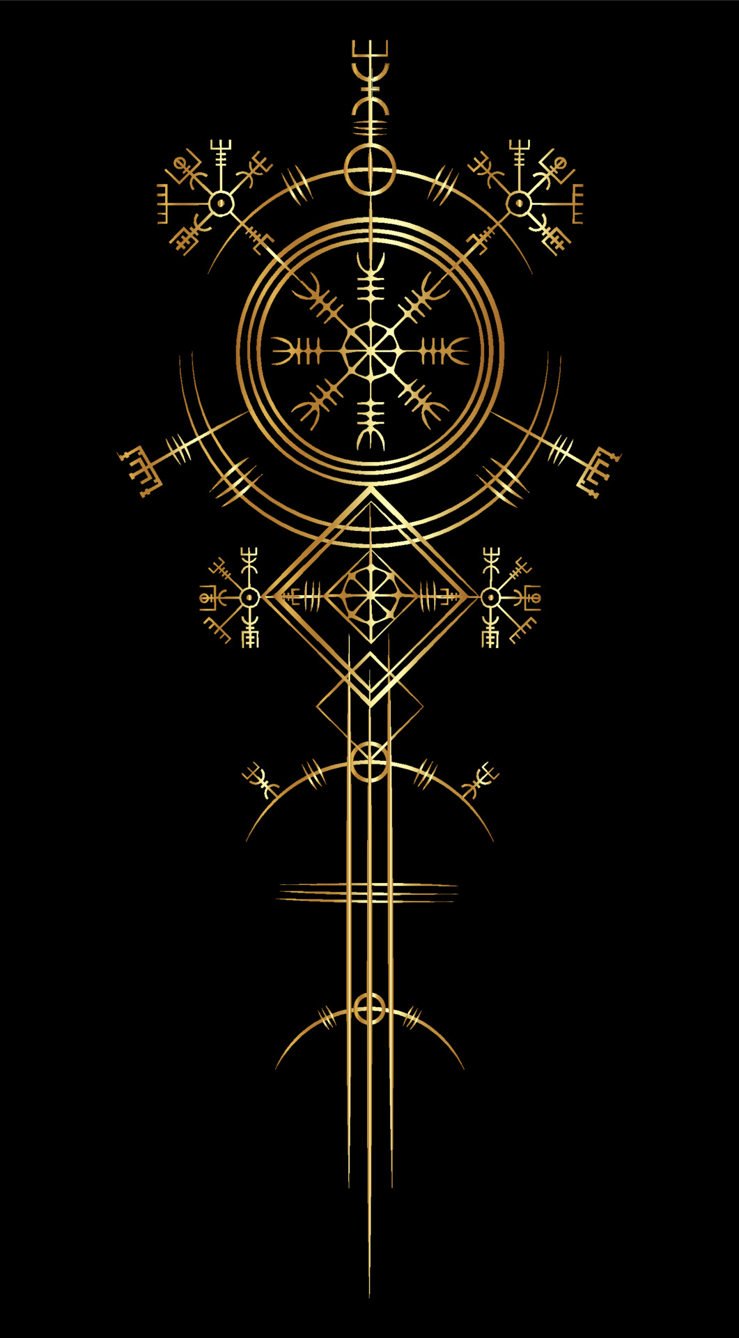 Magic ancient viking art deco, Gold Vegvisir navigation compass ancient.  The Vikings used many symbols in accordance to Norse mythology, widely used  in Viking society. Logo icon Wiccan esoteric sign 3727193 Vector