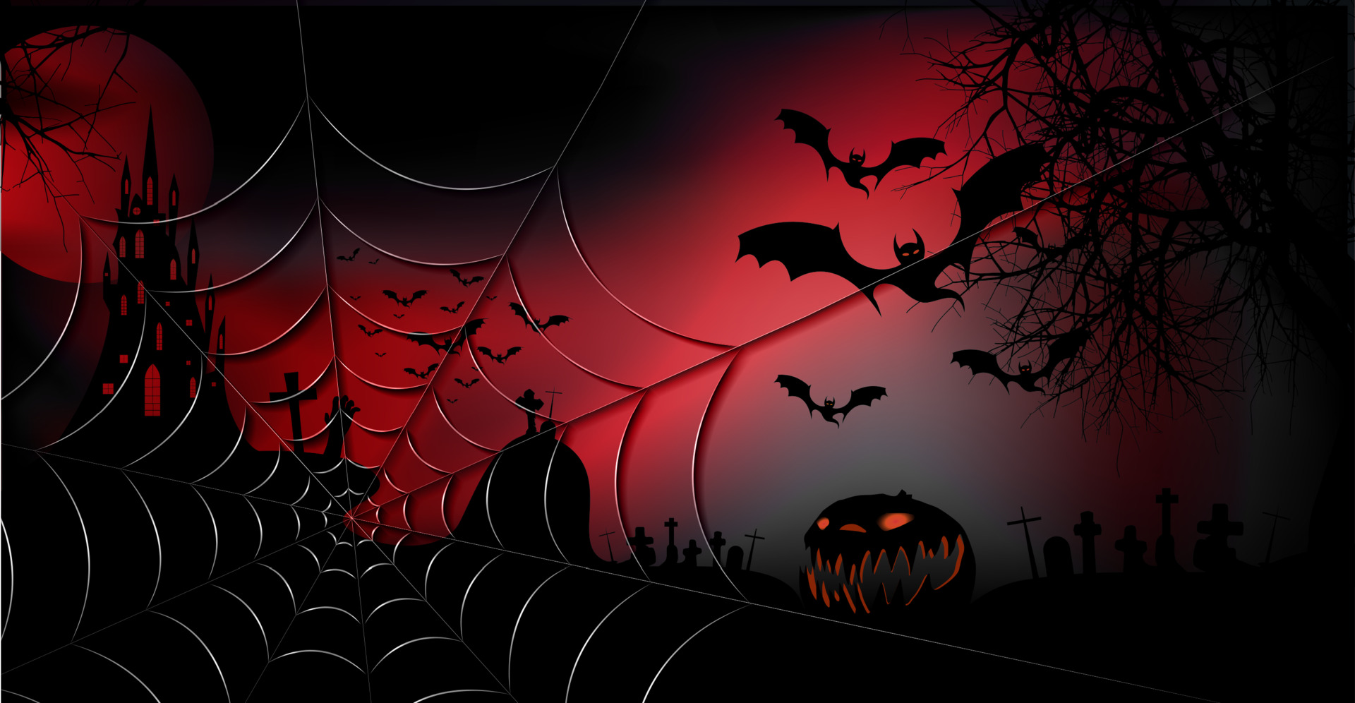 Halloween party banner, spooky dark red background, silhouettes of  characters and scary bats with gothic haunted castle, horror theme concept,  gold cobweb and dark graveyard, vector templates 3727194 Vector Art at  Vecteezy