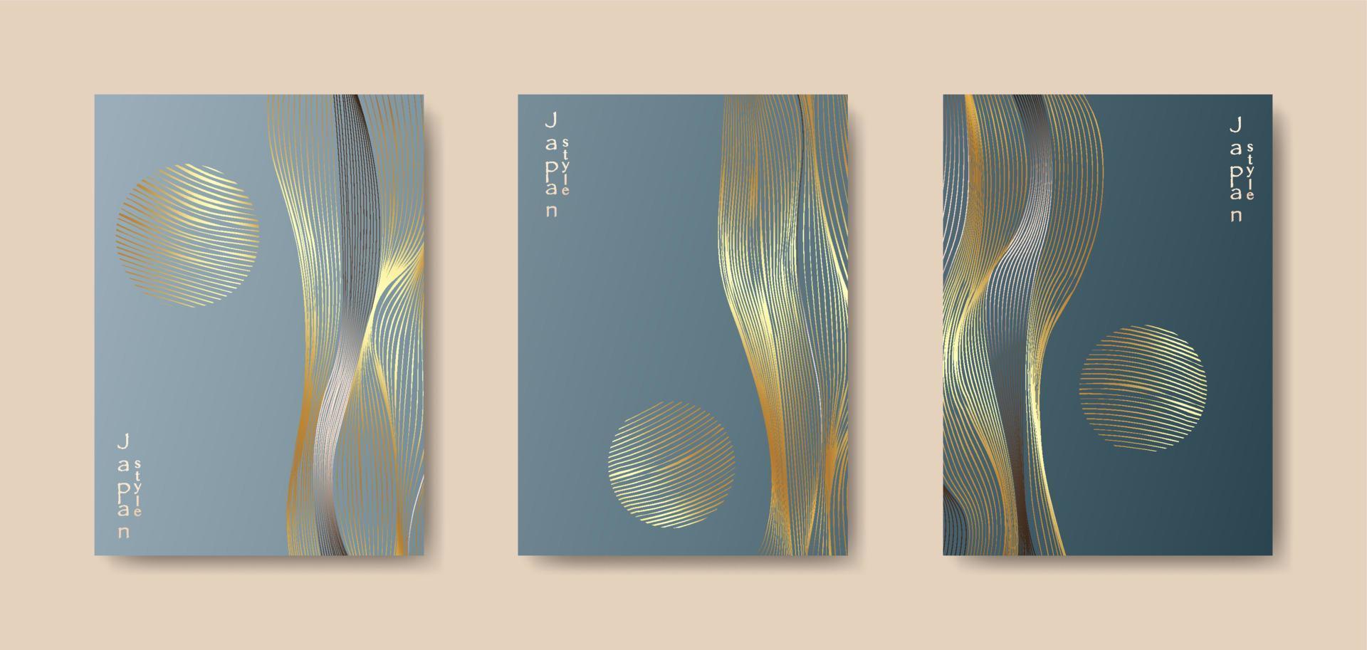 Japanese landscape background set cards gold line wave pattern vector illustration. Blue luxury Abstract template geometric wavy texture. Mountain layout design in oriental style, vertical brochure