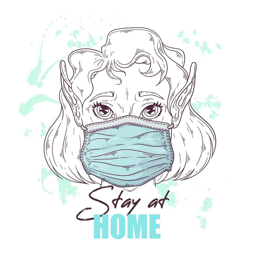 Hand drawn illustration of the cute girl in a medical mask Vector. vector