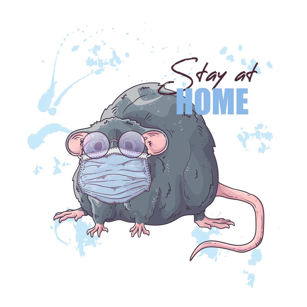 Hand drawn illustration of the cute rat in a medical mask Vector. vector