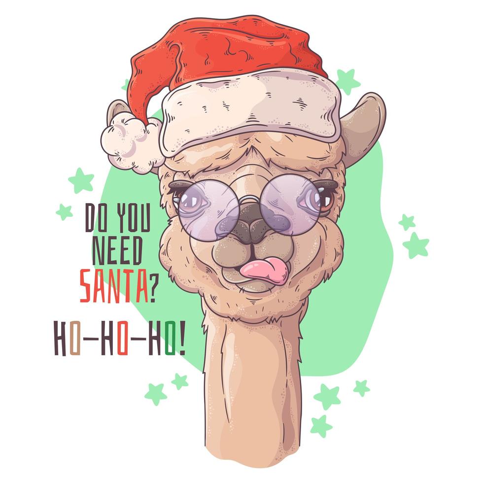 Hand drawn portrait of Christmas alpaca Vector. vector