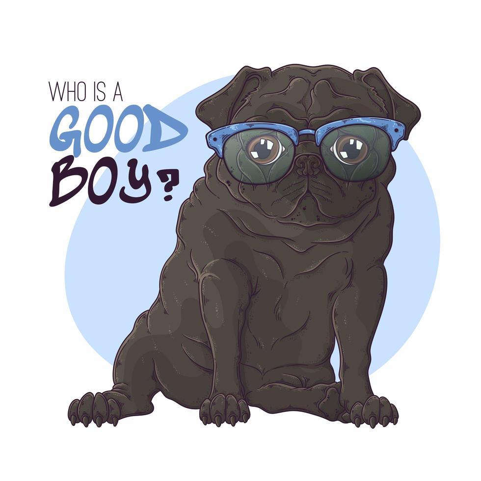 Hand drawn portrait of the pug dog in cute glasses Vector. vector