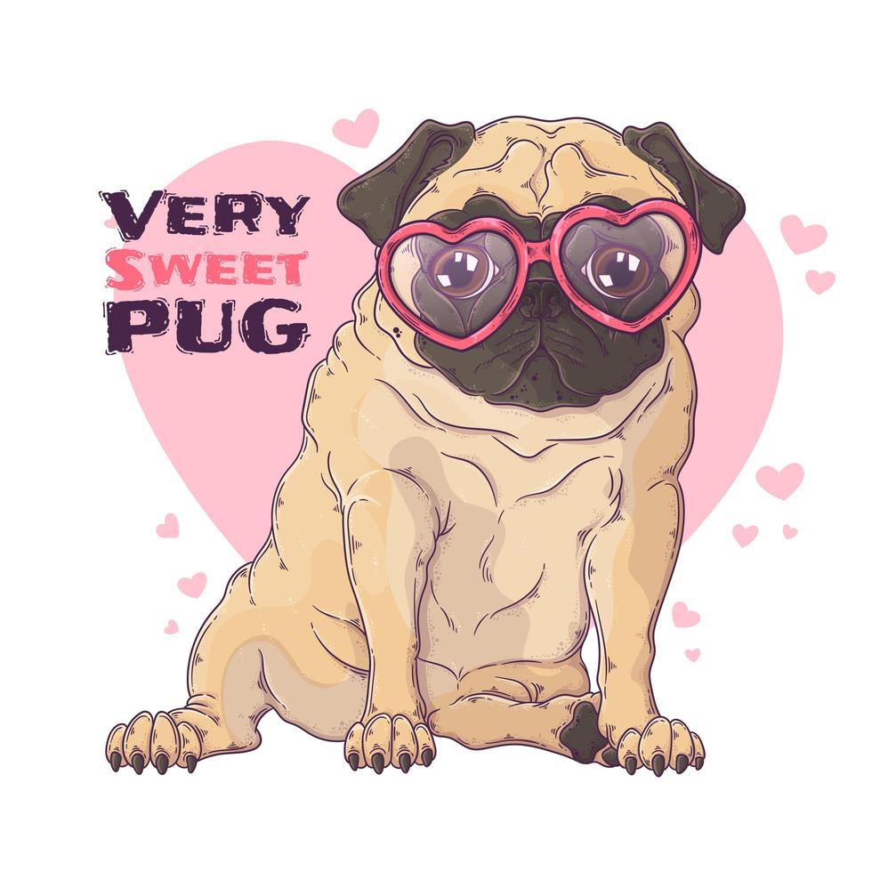 Hand drawn portrait of the pug dog in cute glasses Vector. vector