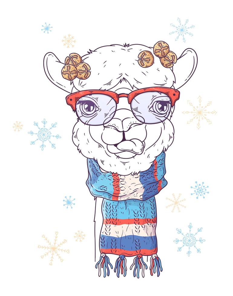 Hand drawn portrait of Christmas alpaca Vector. vector