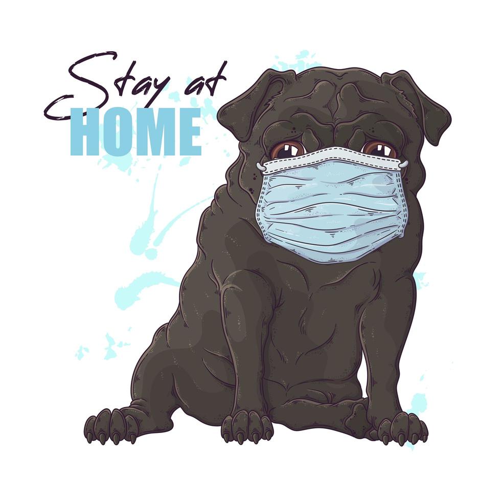Hand drawn portrait of the pug dog in a medical mask Vector. vector