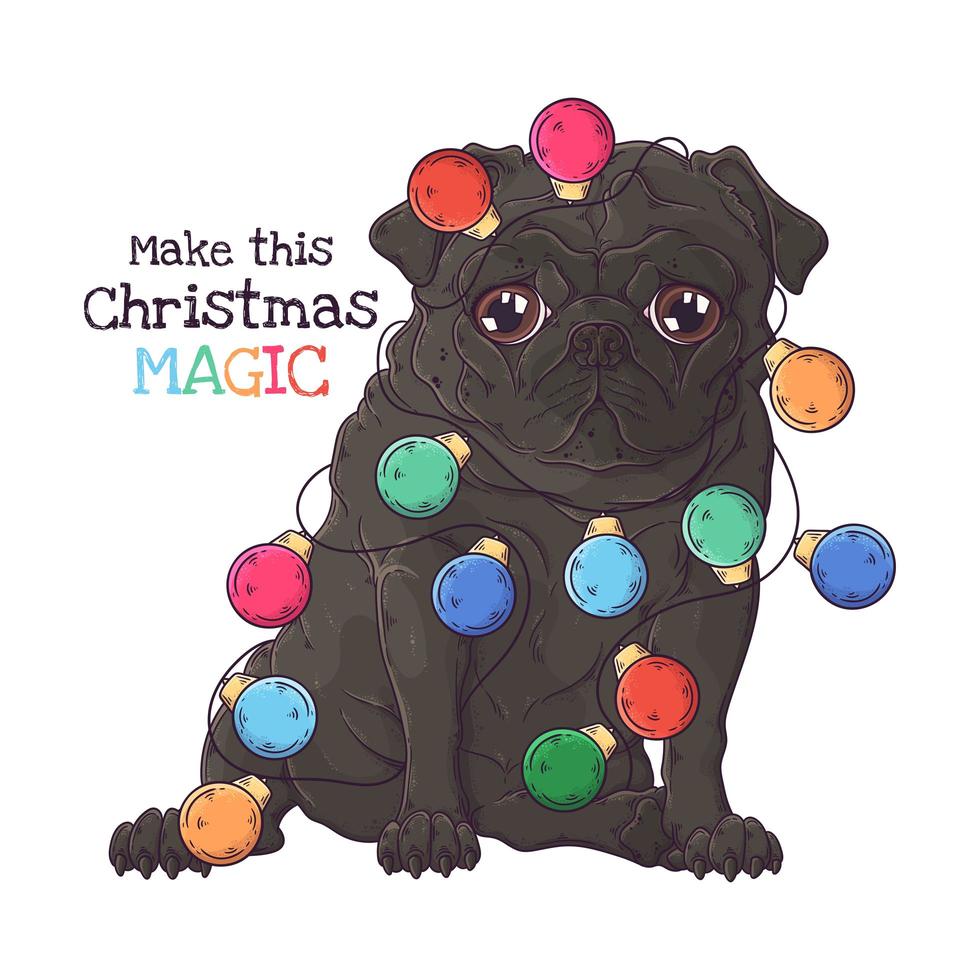 Retrato dibujado a mano de vector de perro pug de Navidad.