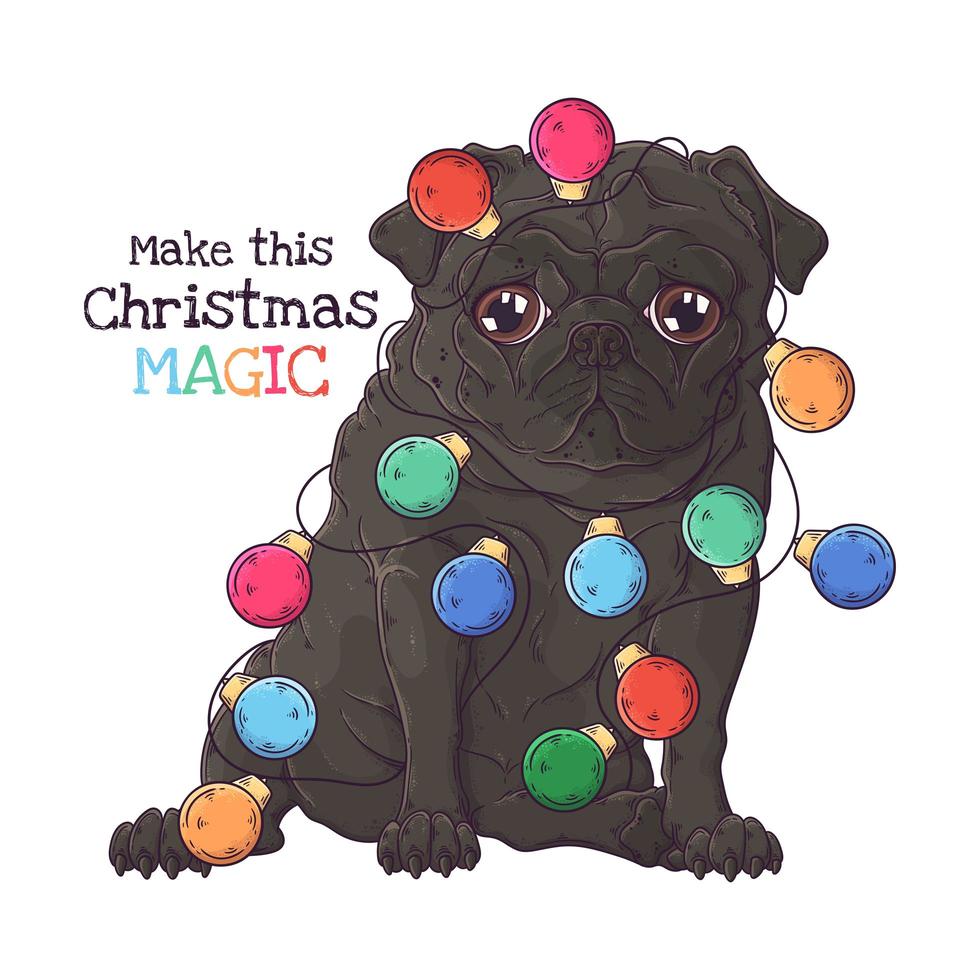 Hand drawn portrait of Christmas pug dog Vector. vector