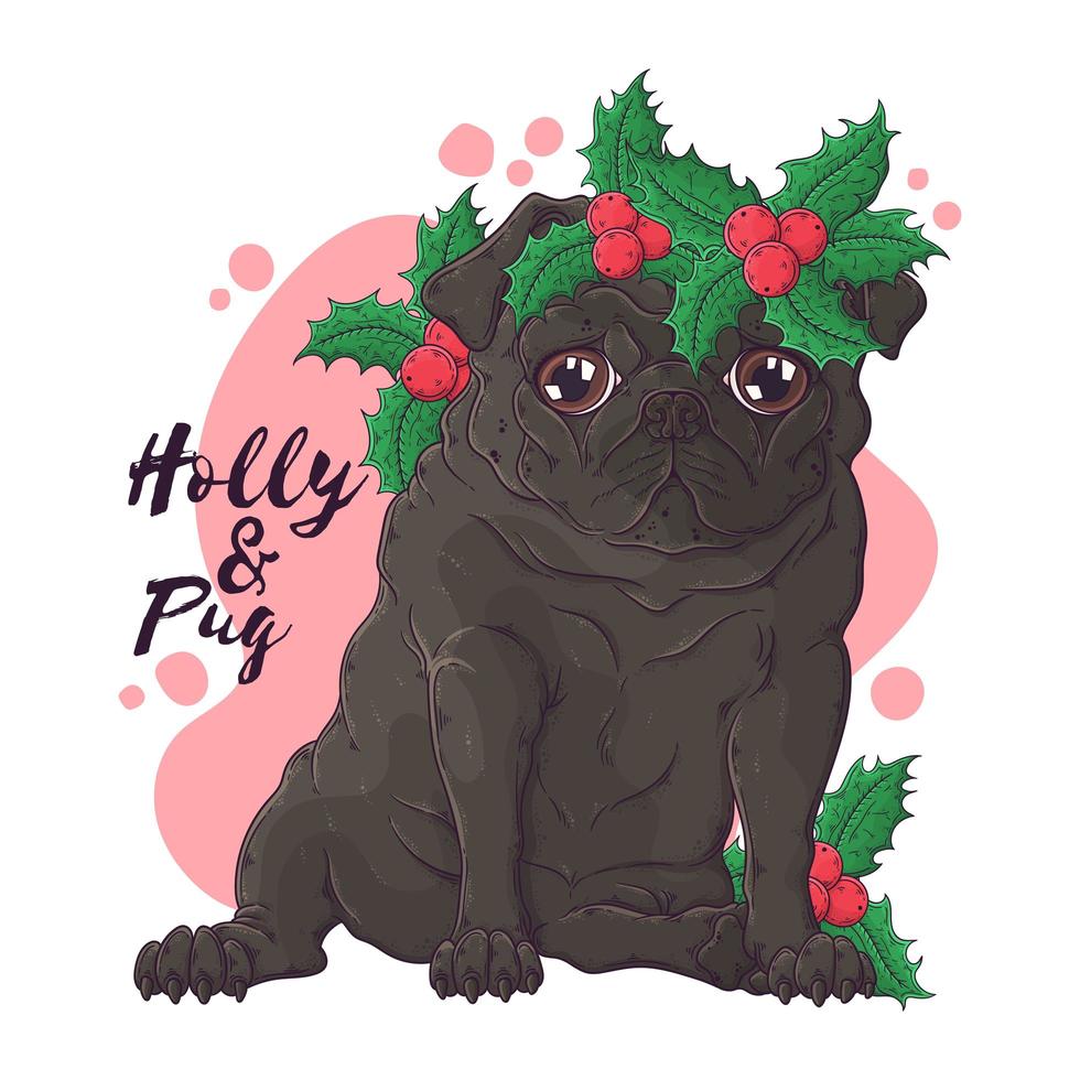 Retrato dibujado a mano de vector de perro pug de Navidad.