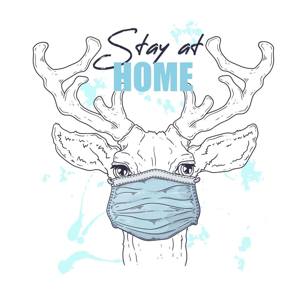 Hand drawn illustration of the cute deer in a medical mask Vector. vector