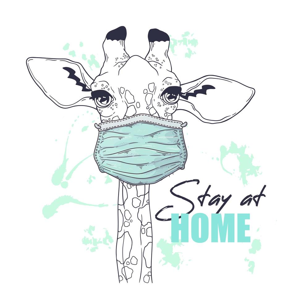 Hand drawn illustration of the cute giraffe in a medical mask Vector. vector