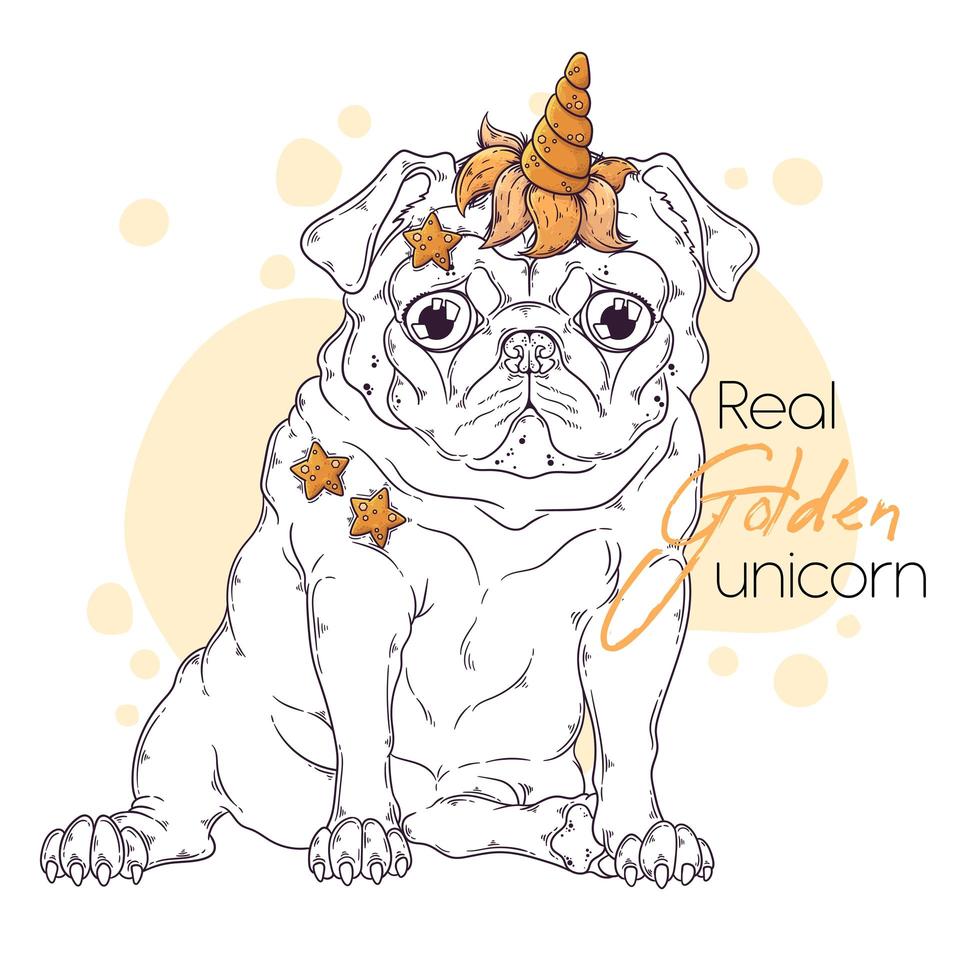 Hand drawn illustration of the pug dog with a unicorn horn Vector. vector