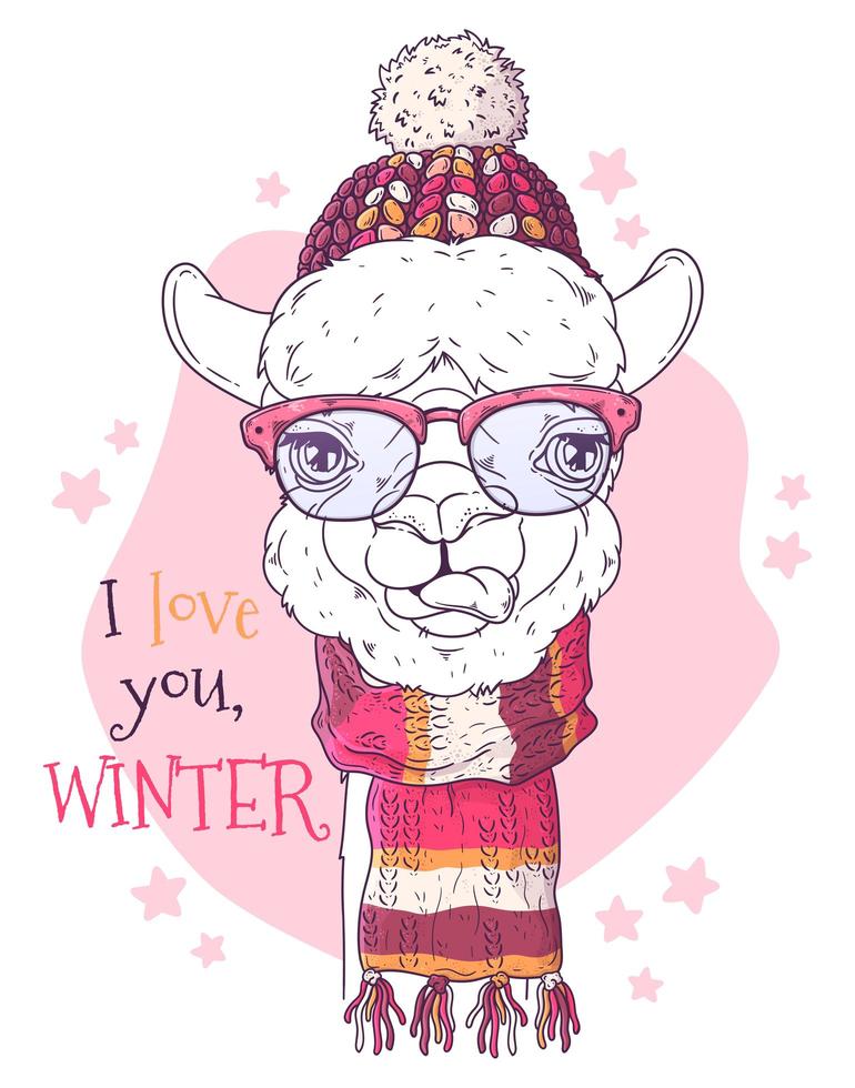 Hand drawn portrait of Christmas alpaca Vector. vector