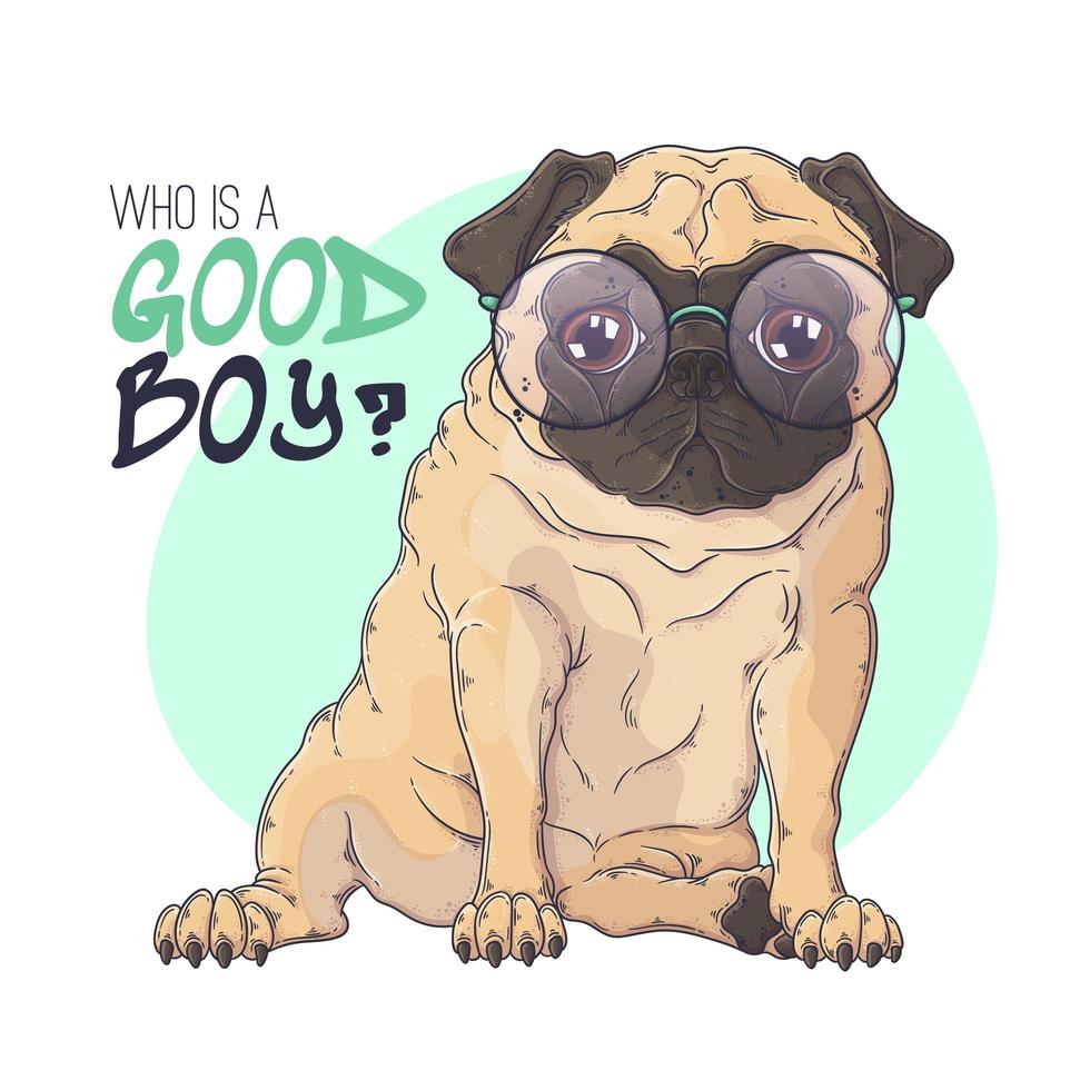 Hand drawn portrait of the pug dog in cute glasses Vector. vector