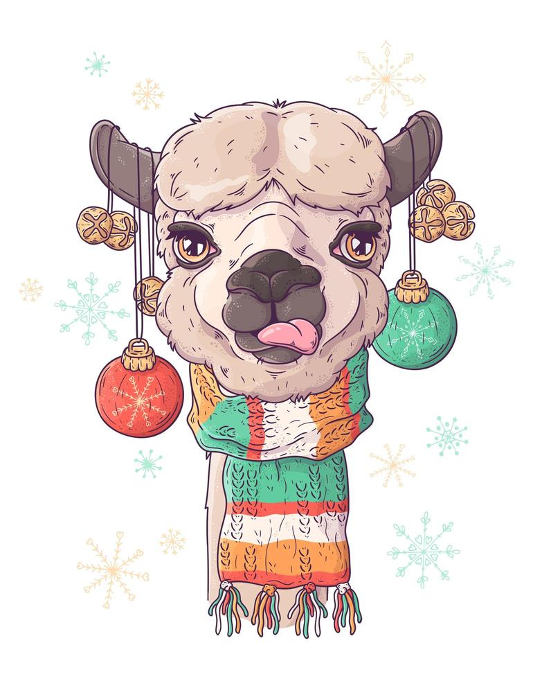 Hand drawn portrait of Christmas alpaca Vector. vector