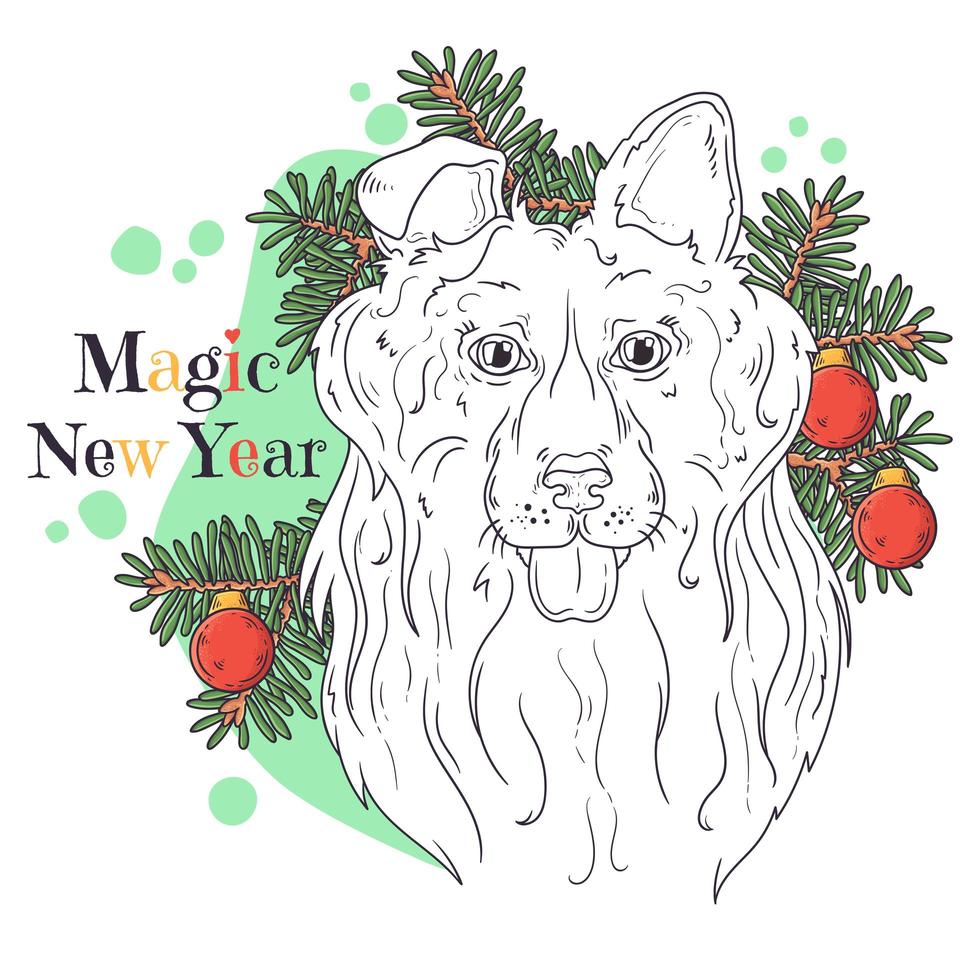 Retrato dibujado a mano de vector de perro collie de Navidad.