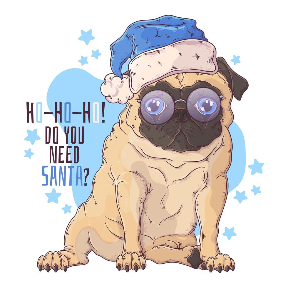 Hand drawn portrait of Christmas pug dog Vector. vector