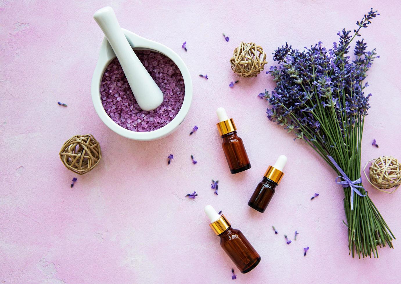 flat lay composition with lavender flowers and natural cosmetic photo