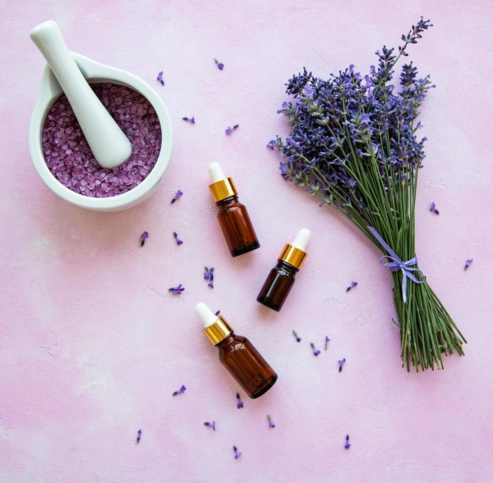 flat lay composition with lavender flowers and natural cosmetic photo