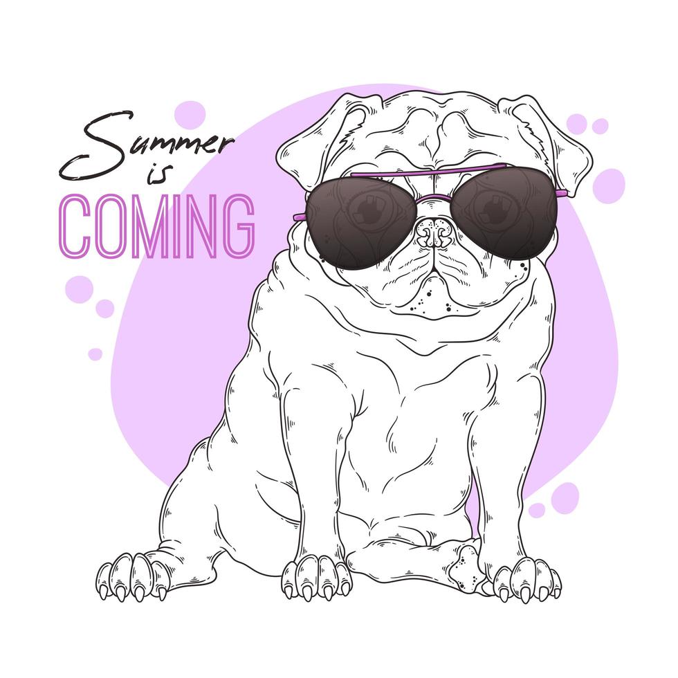 Ilustración dibujada a mano del lindo perro pug en vector de gafas.