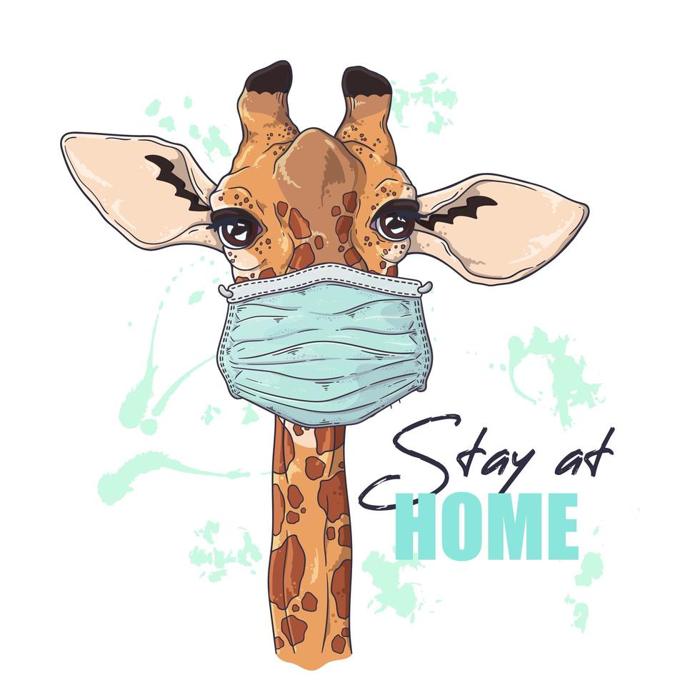 Hand drawn illustration of the cute giraffe in a medical mask Vector. vector