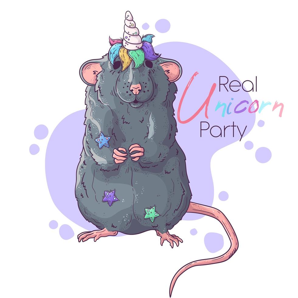 Hand drawn illustration of the rat with a magic unicorn horn. Vector. vector