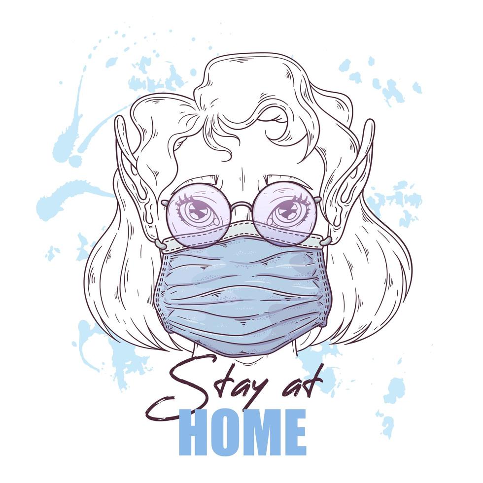 Hand drawn illustration of the cute girl in a medical mask Vector. vector