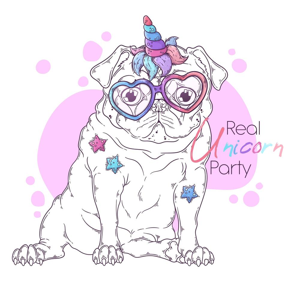 Hand drawn illustration of the pug dog with a unicorn horn Vector. vector