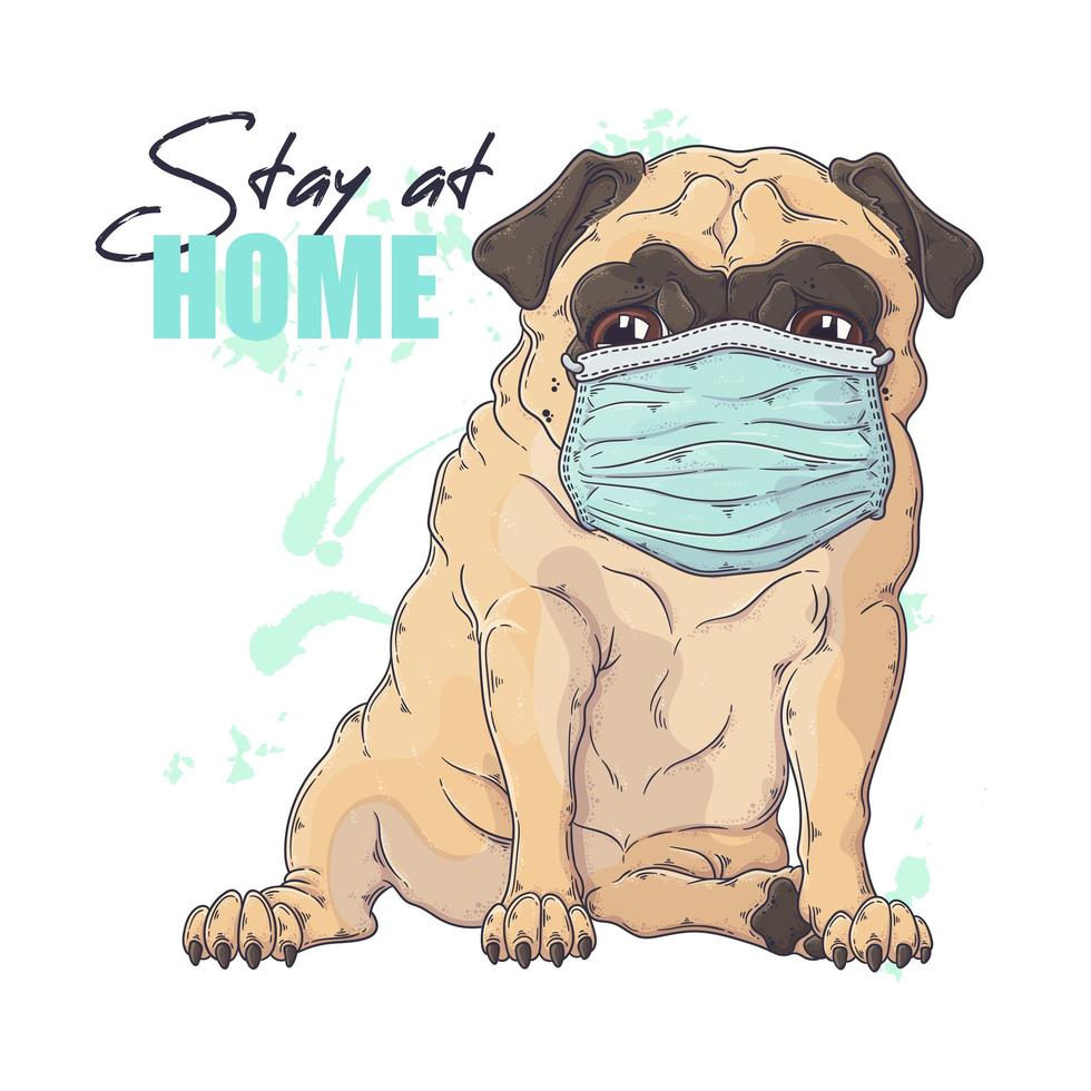 Retrato dibujado a mano del perro pug en un vector de máscara médica.